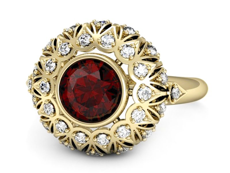 Złoty pierścionek z granatem i brylantami - p16189zgr — zdjęcie 2