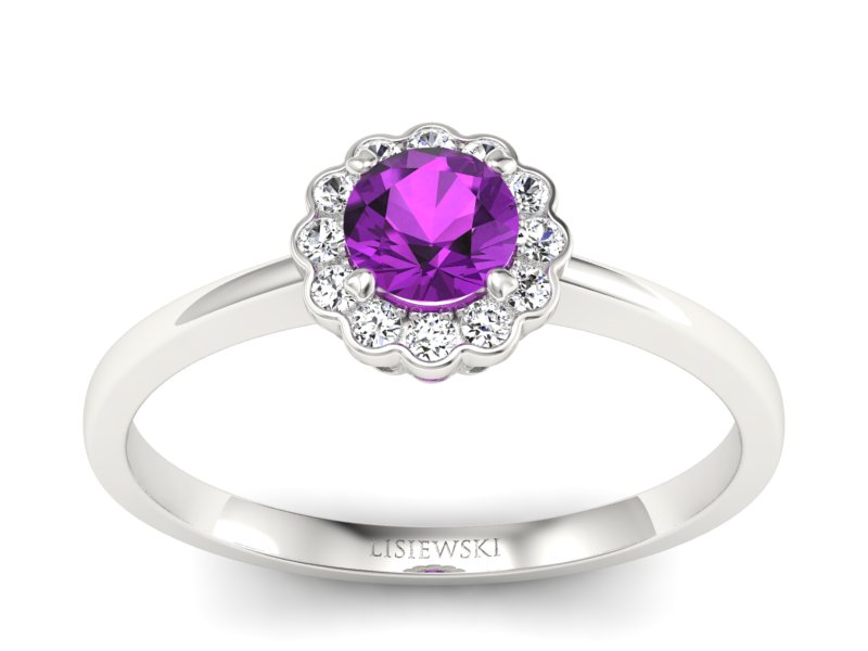 Złoty pierścionek z ametystem i brylantami - p16197bat