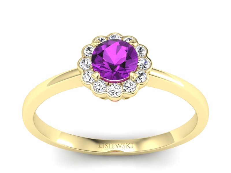 Pierścionek z ametystem i brylantami żółte złoto - p16197zat