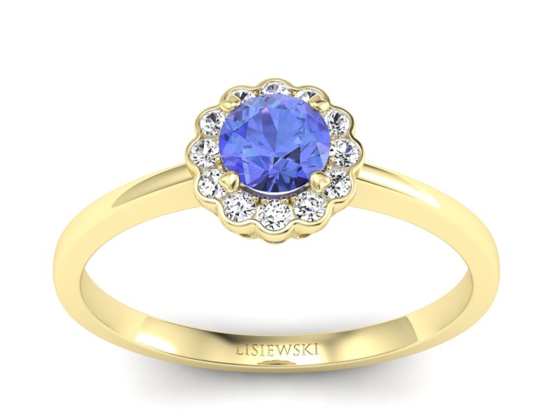 Pierścionek z tanzanitem i brylantami żółte złoto - p16197zt