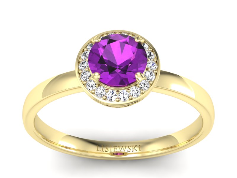 Pierścionek z ametystem i brylantami żółte złoto - p16200zat