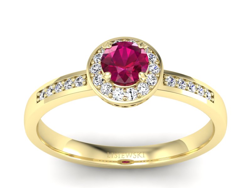 Pierścionek z rubinem i brylantami żółte złoto - p16202zr