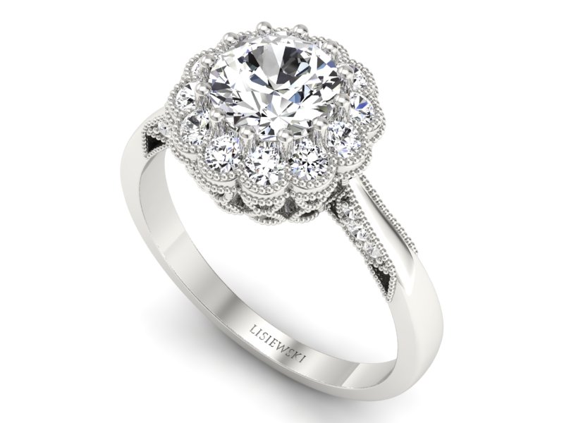 Pierścionek z diamentem i brylantami białe złoto - p16203b — zdjęcie 3