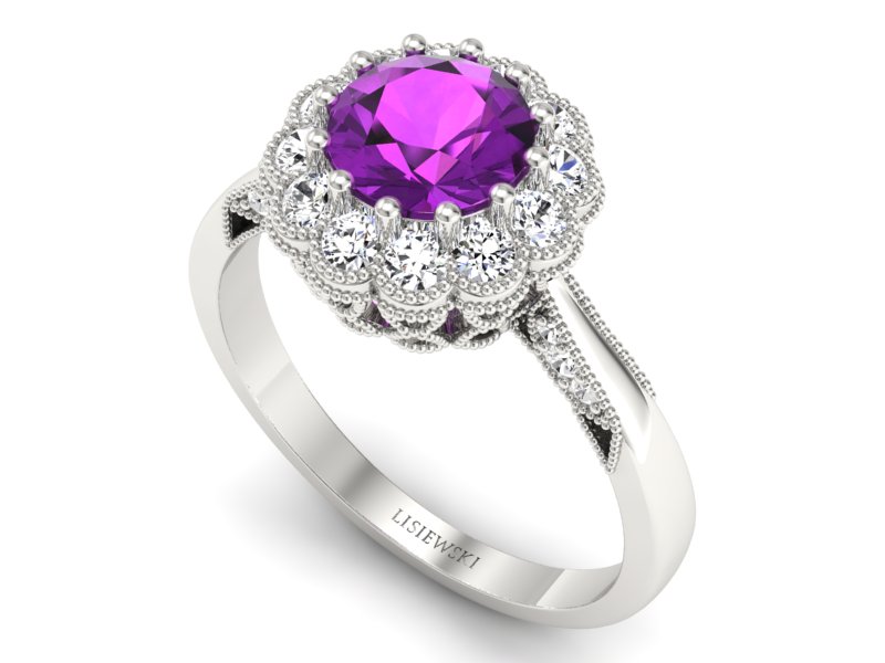 Pierścionek z ametystem i brylantami białe złoto - p16203bat — zdjęcie 3