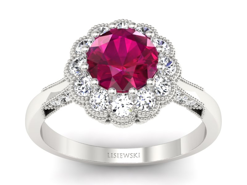 Pierścionek z rubinem i brylantami białe złoto - p16203br