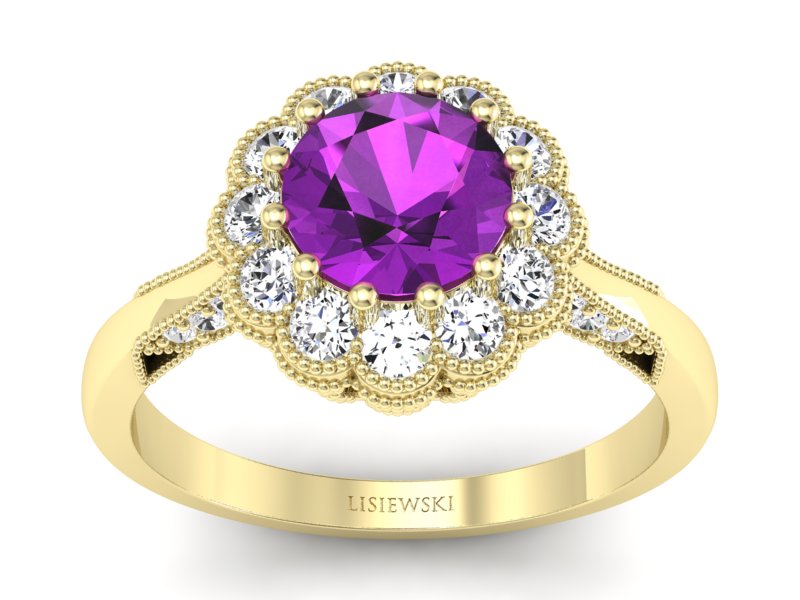 Pierścionek ametyst i brylanty żółte złoto - p16203zat