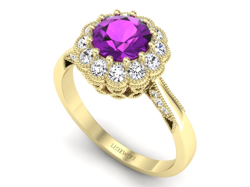 Pierścionek ametyst i brylanty żółte złoto - p16203zat — zdjęcie 3