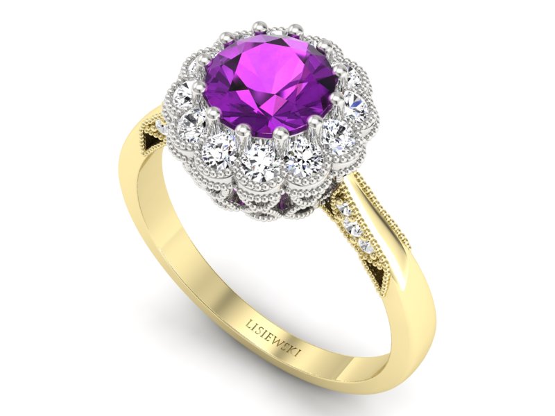 Pierścionek ametyst brylanty żółte białe złoto - p16203zbat — zdjęcie 3