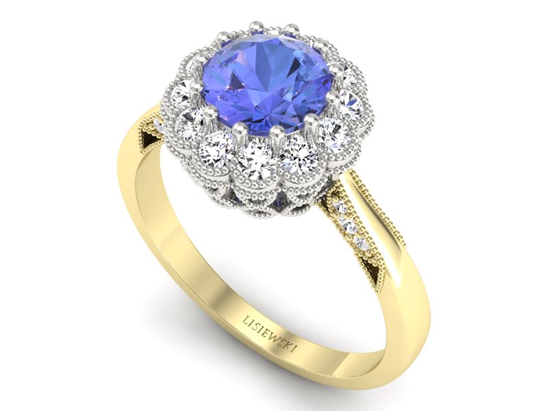 Złoty pierścionek z tanzanitem i diamentami - p16203zbt — zdjęcie 3