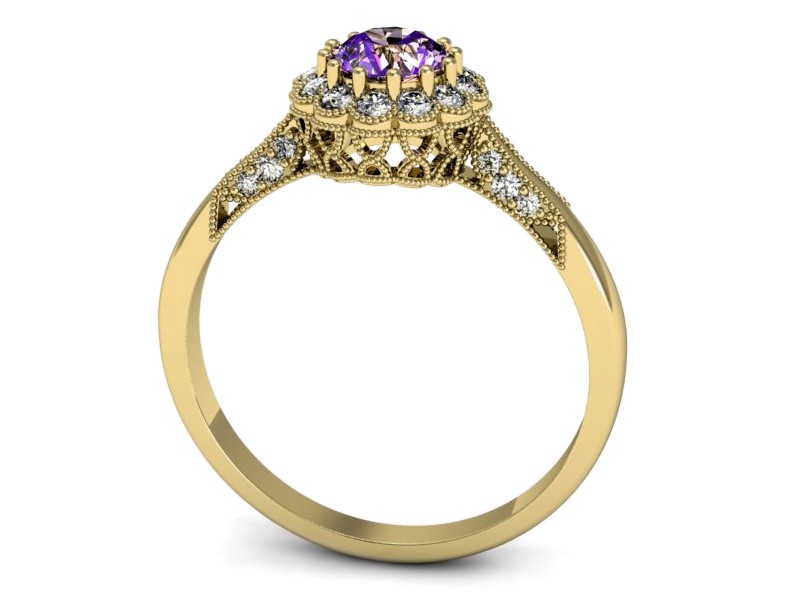 Pierścionek ametyst i brylanty żółte złoto - p16204zat — zdjęcie 3