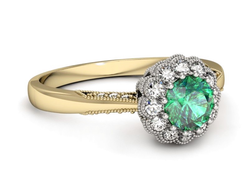 Złoty pierścionek ze szmaragdem i diamentami - p16204zbsm — zdjęcie 2