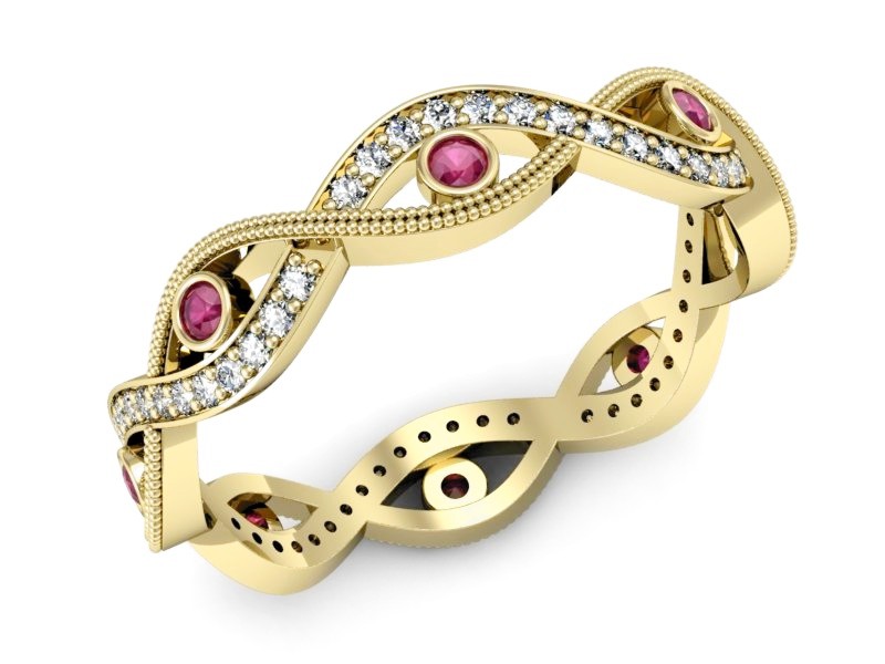 Obrączka z rubinami żółte złoto z brylantami - p16216zr