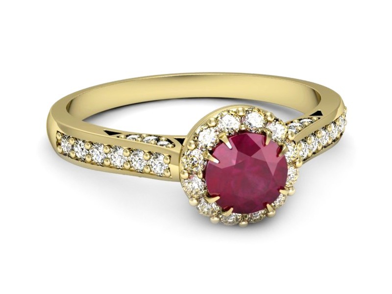 Złoty pierścionek z rubinem i brylantami - p16230zr — zdjęcie 2