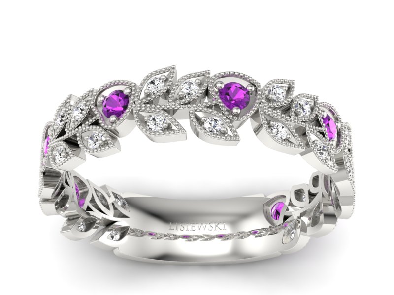 Obrączka białe złoto z ametystami i brylantami - p16231bat