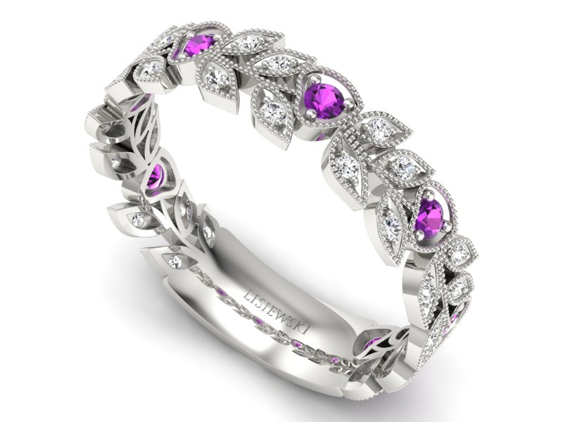 Obrączka białe złoto z ametystami i brylantami - p16231bat — zdjęcie 3