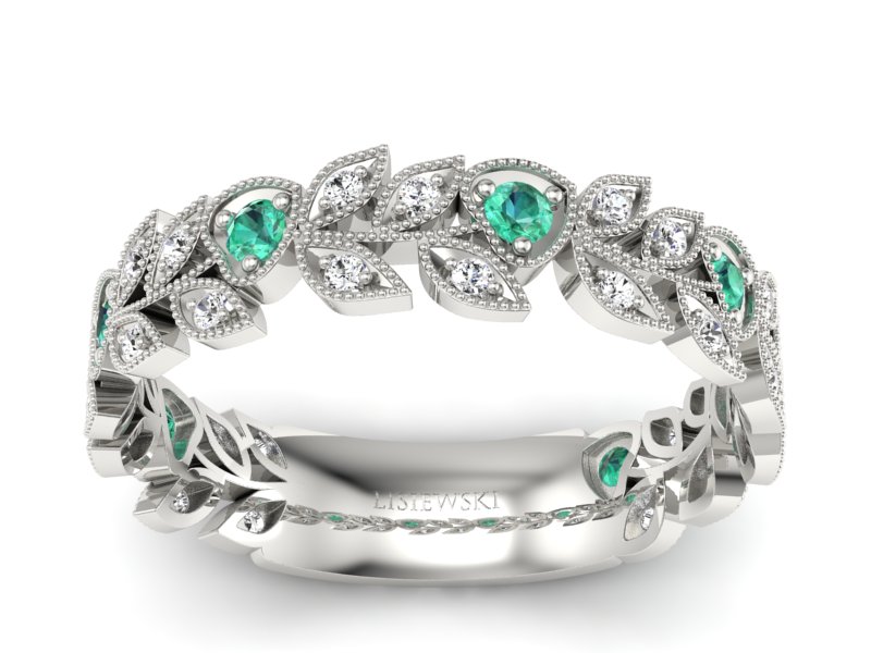 Obrączka białe złoto ze szmaragdami i brylantami - p16231bsm