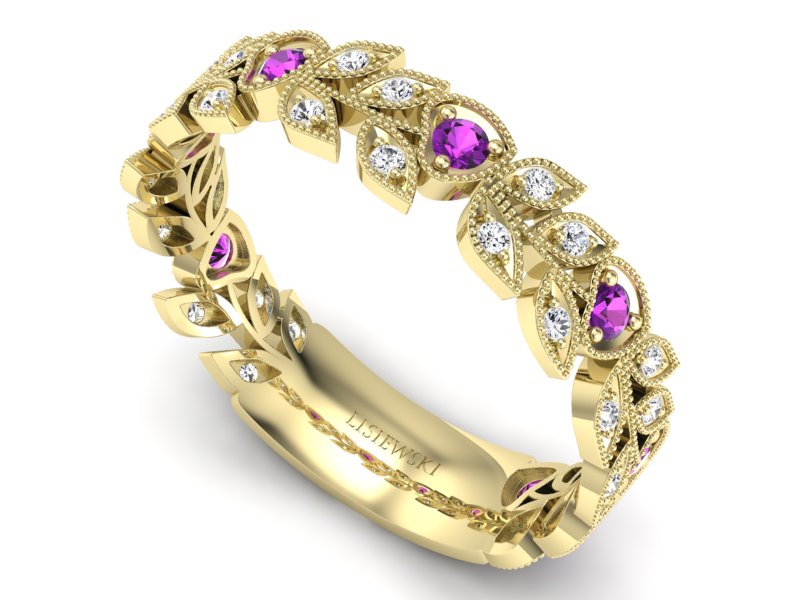 Obrączka żółte złoto z ametystami i brylantami - p16231zat — zdjęcie 3