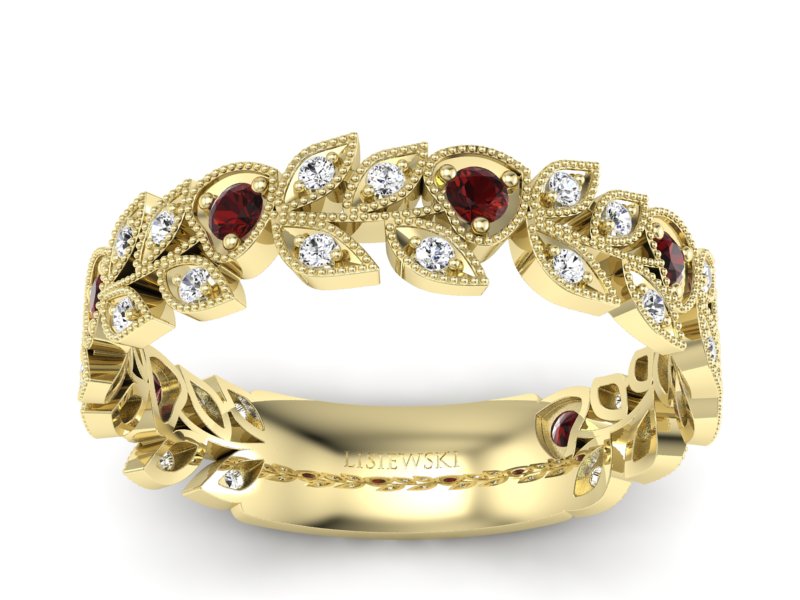 Obrączka żółte złoto z granatami i brylantami - p16231zgr