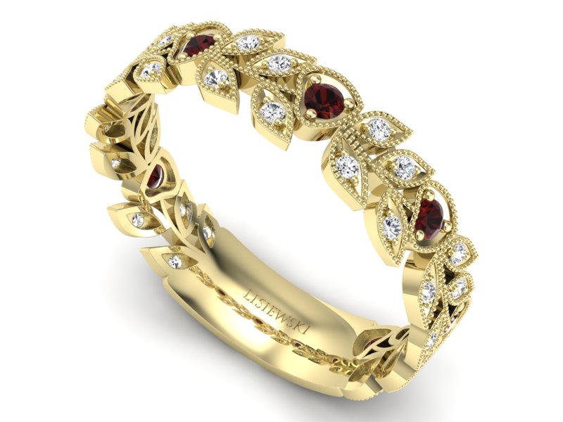 Obrączka żółte złoto z granatami i brylantami - p16231zgr — zdjęcie 3