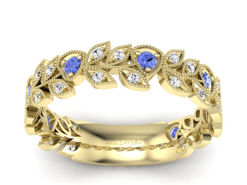 Obrączka żółte złoto z tanzanitami i brylantami - p16231zt