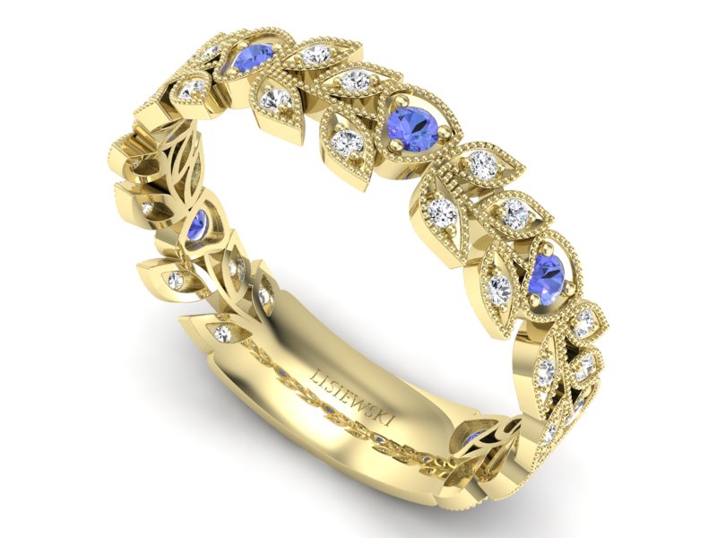 Obrączka żółte złoto z tanzanitami i brylantami - p16231zt — zdjęcie 3