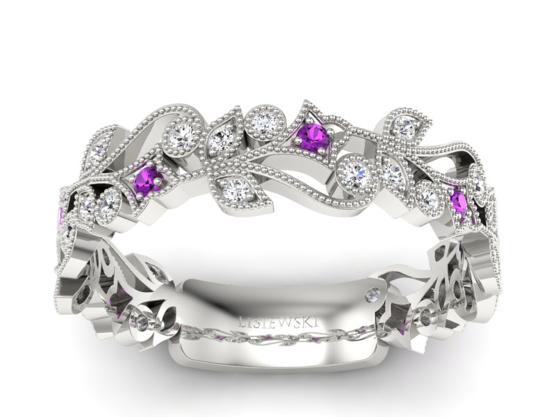 Obrączka białe złoto z ametystami i brylantami - p16232bat