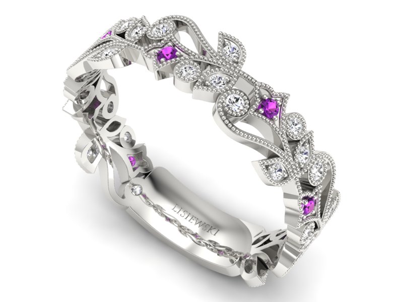 Obrączka białe złoto z ametystami i brylantami - p16232bat — zdjęcie 3