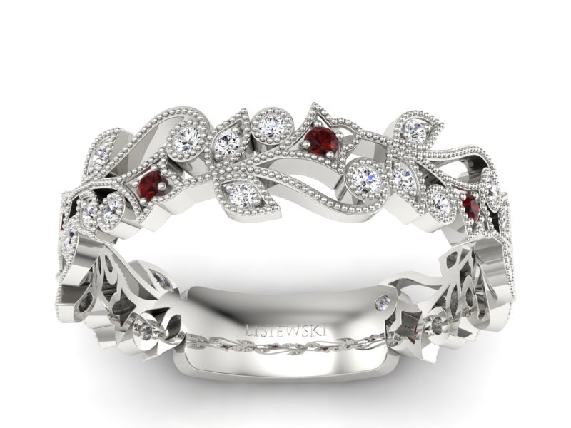 Obrączka białe złoto z granatami i brylantami - p16232bgr