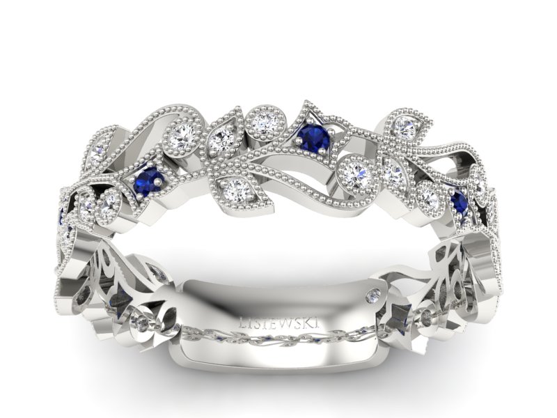 Obrączka białe złoto z szafirami i brylantami - p16232bsz