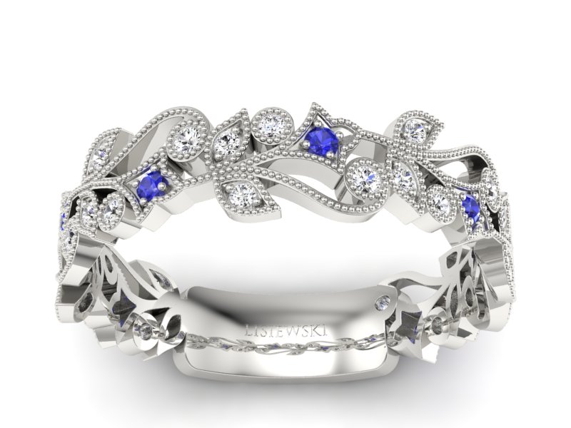 Obrączka białe złoto z szafirami i brylantami - p16232bszc