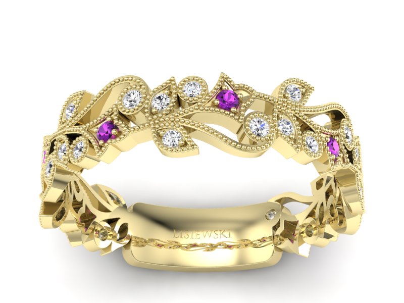 Obrączka żółte złoto z ametystami i brylantami - p16232zat