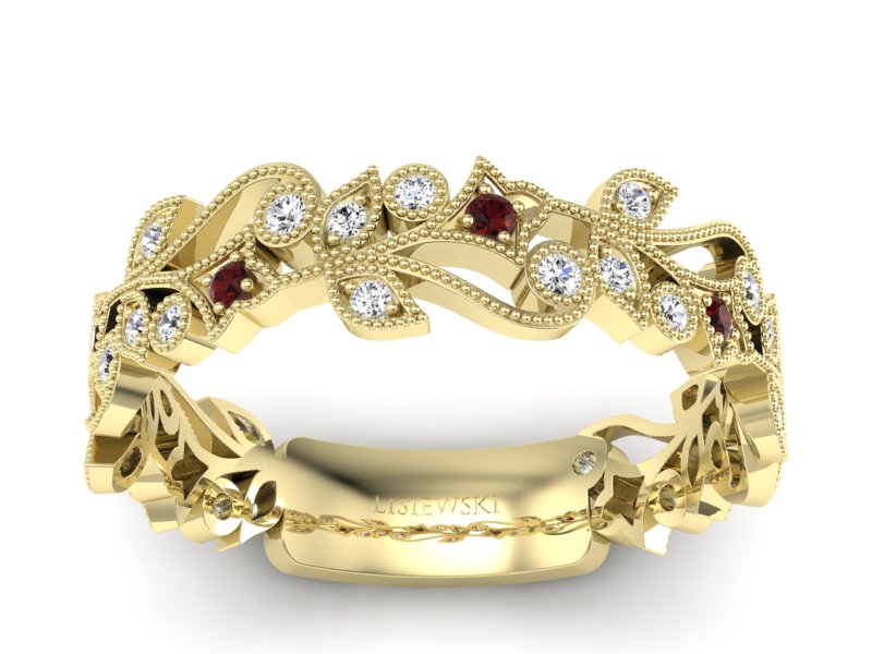 Obrączka żółte złoto z granatami i brylantami - p16232zgr