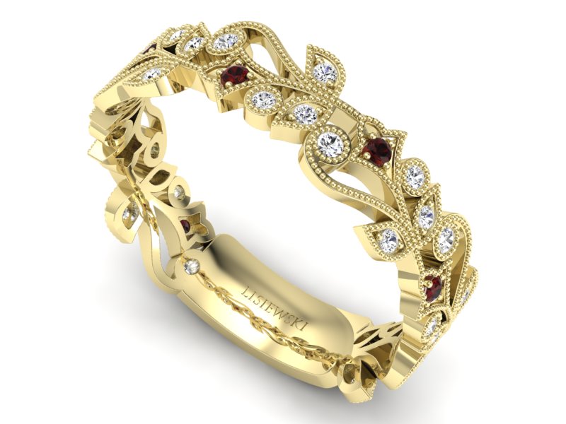 Obrączka żółte złoto z granatami i brylantami - p16232zgr — zdjęcie 3