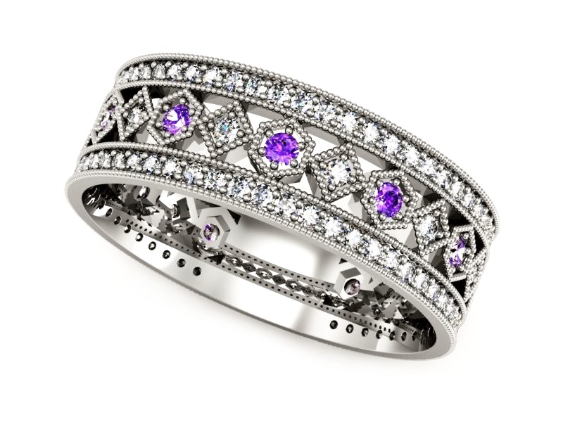 Obrączka białe złoto z ametystami i brylantami - p16235bat