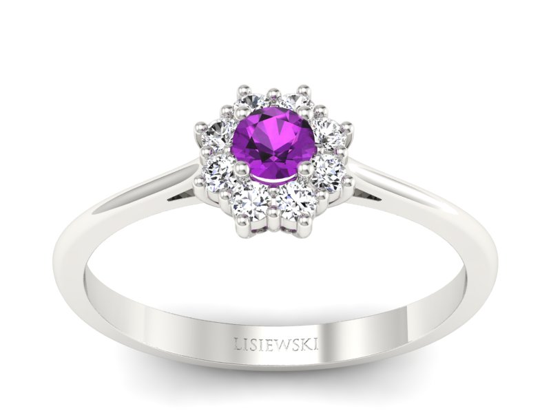 Pierścionek z ametystem i brylantami białe złoto - p16238bat