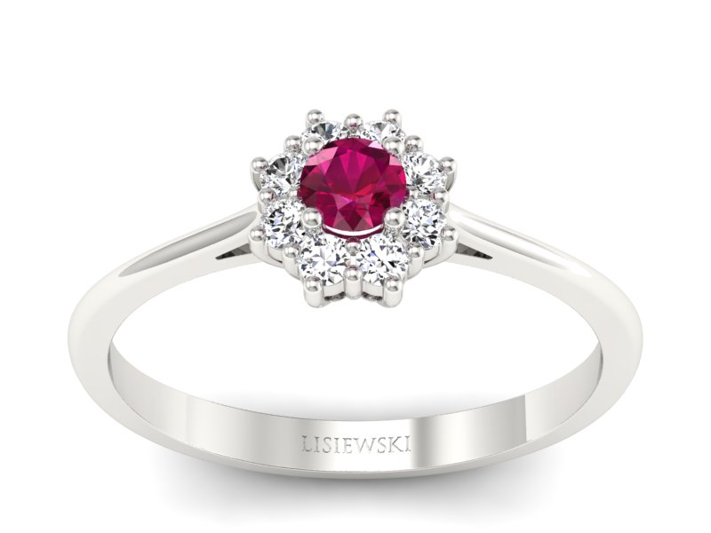 Pierścionek z rubinem i brylantami białe złoto - p16238br