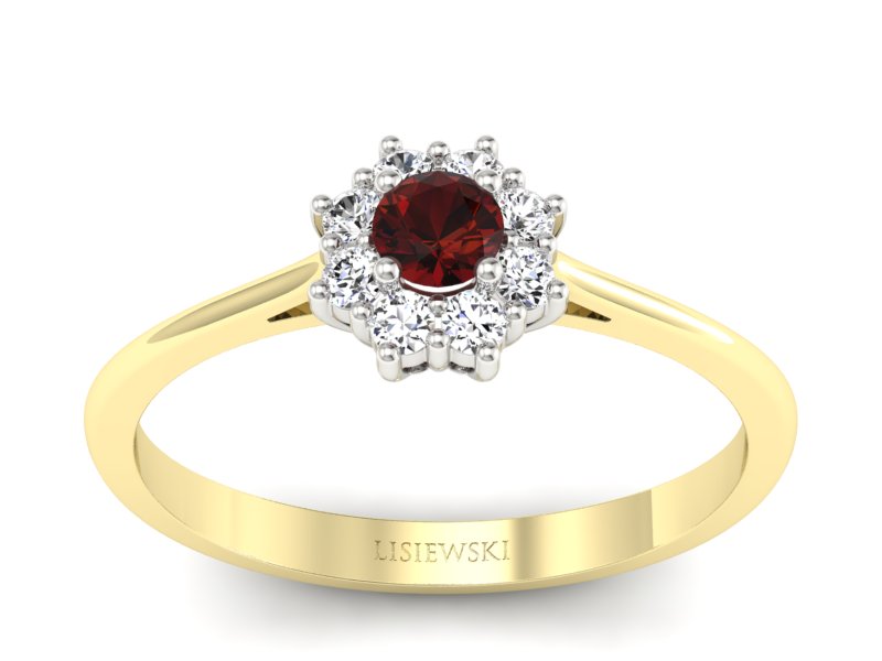 Złoty pierścionek z granatem i diamentami - p16238zbgr