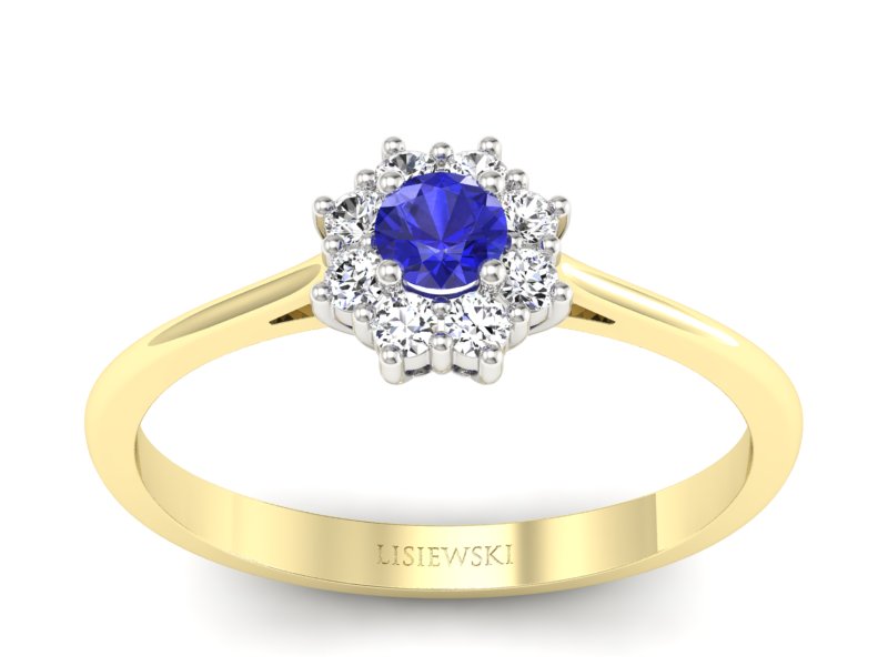 Złoty pierścionek z szafirem i brylantami - p16238zbszc