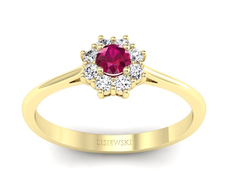 Pierścionek z rubinem i brylantami żółte złoto - p16238zr