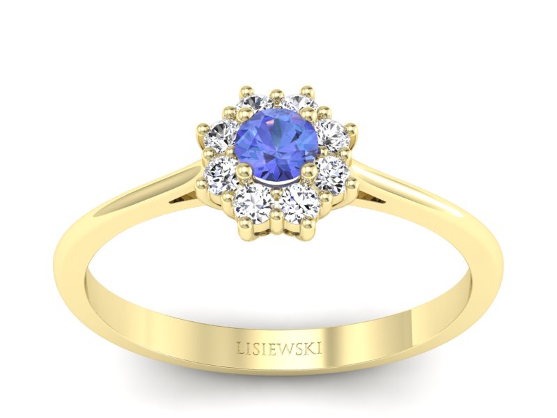 Pierścionek z tanzanitem i brylantami żółte złoto - p16238zt