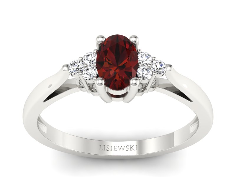 Pierścionek z granatem i brylantami białe złoto - p16248bgr