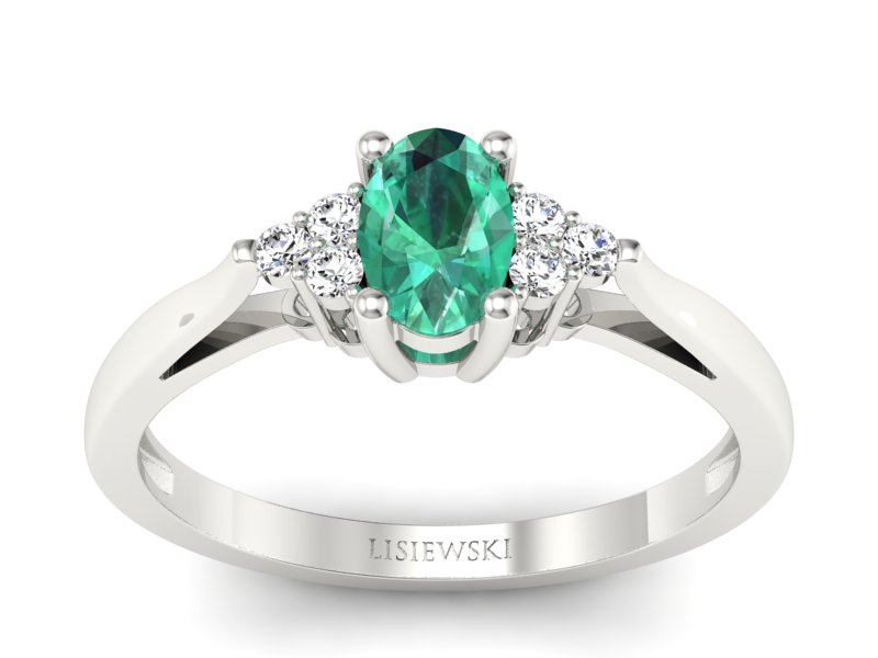 Pierścionek ze szmaragdem i brylantami białe złoto - p16248bsm