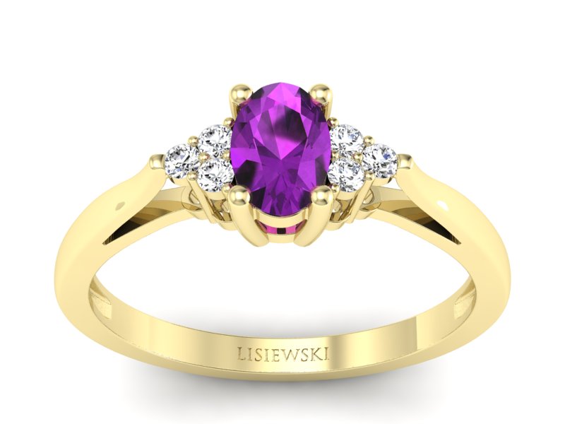 Pierścionek z ametystem i brylantami żółte złoto - p16248zat