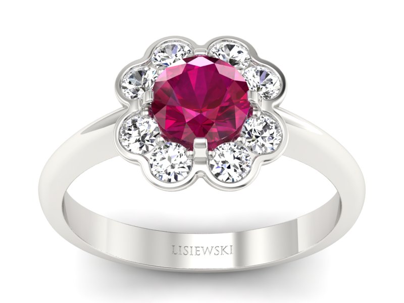 Pierścionek z rubinem i brylantami białe złoto - p16250br