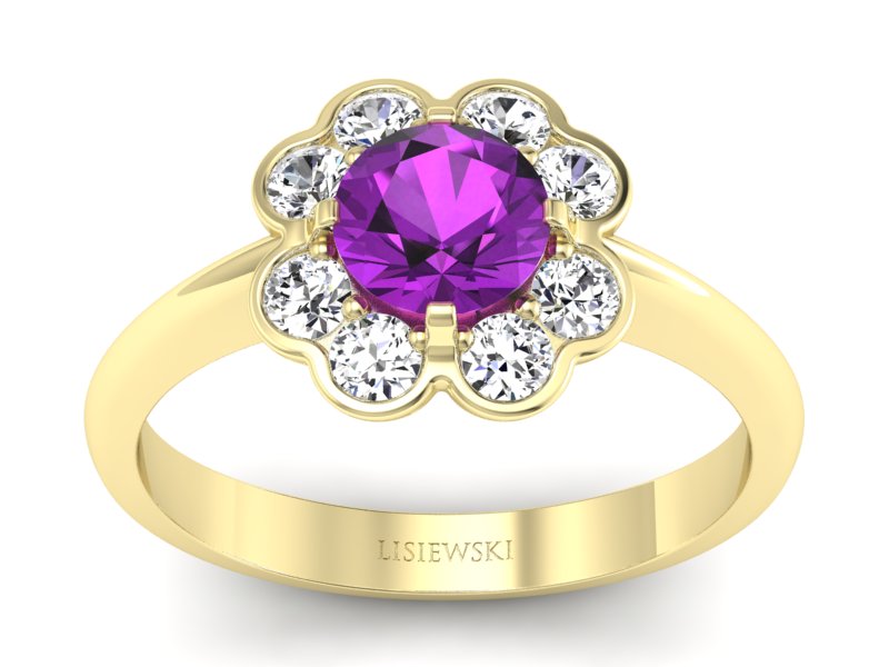 Pierścionek ametyst i brylanty żółte złoto - p16250zat
