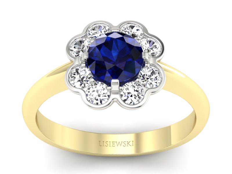 Pierścionek szafir i diamenty żółte białe złoto - p16250zbsz