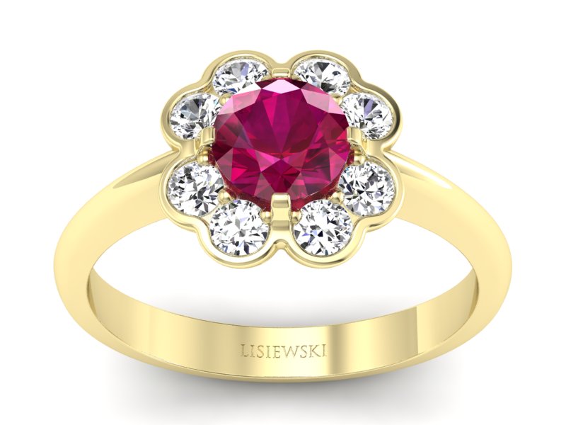 Pierścionek z rubinem i brylantami żółte złoto - p16250zr