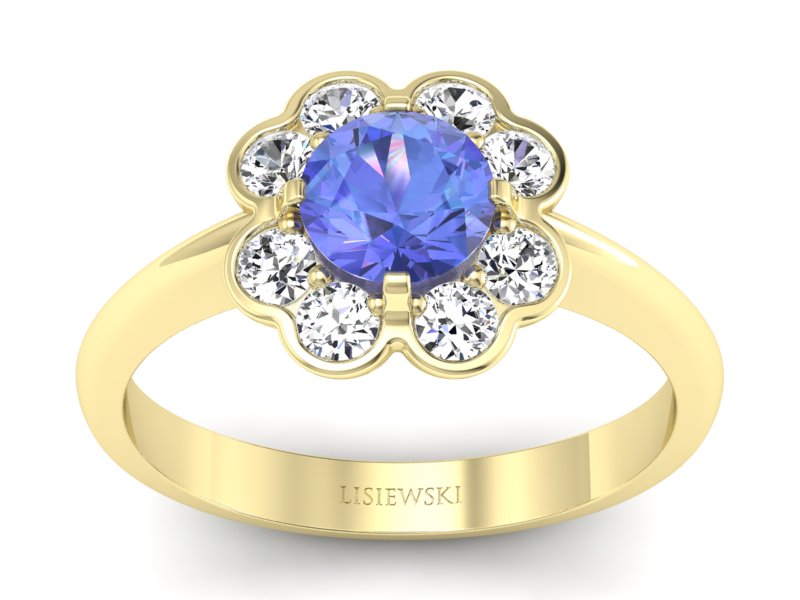 Pierścionek z tanzanitem i diamentami żółte złoto - p16250zt