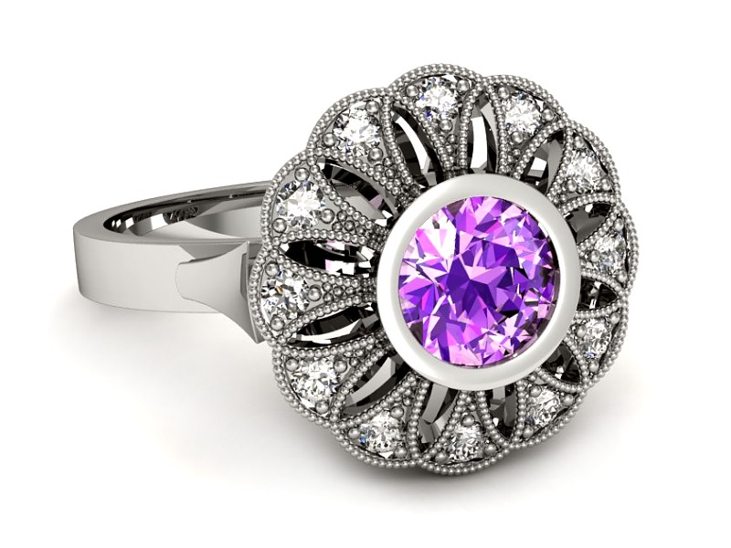 Pierścionek z ametystem i brylantami białe złoto - p16253bat — zdjęcie 2