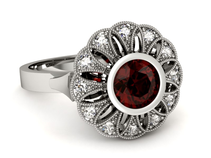 Pierścionek białe złoto z granatem i brylantami - p16253bgr — zdjęcie 2